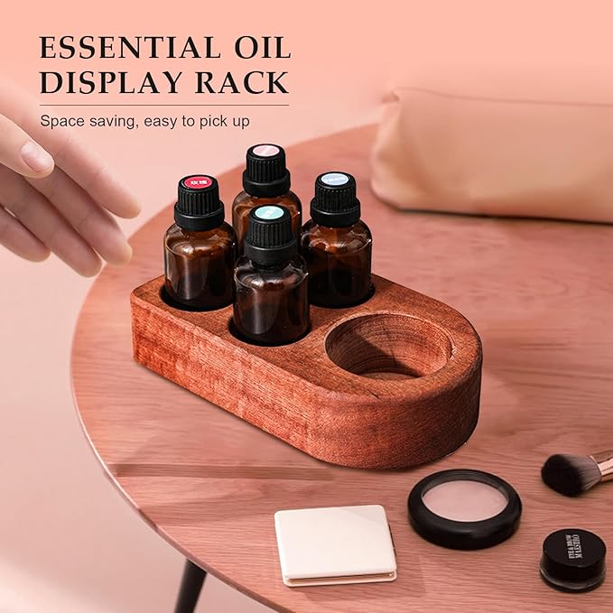 Wooden Essential Oil Holder with 5 Holes (4cmx4 & 6cmx1), Retro Desktop Display Rack for Bathroom Vanity Desk Organizer