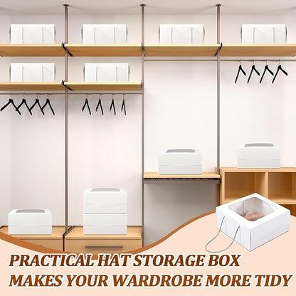 Feifeiya 5 Pcs White 15 x 15 x 7 inch Hat Boxes with Window for Travel Large Cardboard Hat Case Organizer Storage with Lid and Handles Portable Cardboard Boxes Display for Storage Present Packing