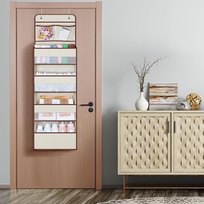 Univivi Over Door Hanging Organizers and Storage Nursery Closet Cabinet Baby Storage with 4 Large Compartments 2 Small PVC Pockets with 6 Side Pockets for Cosmetics, Toys and Sundries (Beige)