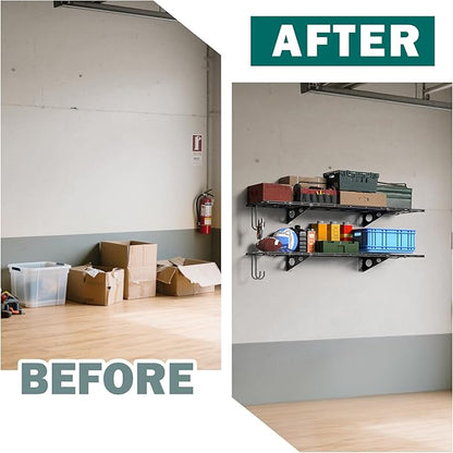 EVERHANGER Garage Wall Shelves, 12 X 48 Inch Wall Mounted Storage Shelves, Heavy Duty Metal Shelving with Hooks, 2 Pack, Black