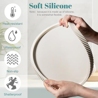 Silicone Bathroom Tray Round Kitchen Counter Organizer Decorative Vanity Accessories Coffee Table Decor for Perfume, Candle, Soap Dish, 9 Inch, Beige