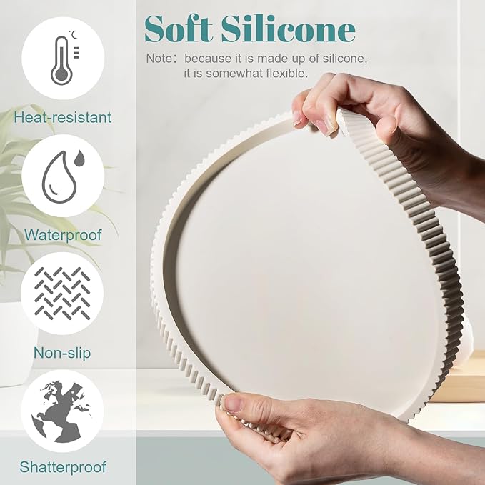 Silicone Bathroom Tray Round Kitchen Counter Organizer Decorative Vanity Accessories Coffee Table Decor for Perfume, Candle, Soap Dish, 12 Inch, Beige