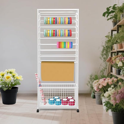 20-Tier Double-Sided Ribbon Holder Organizer Rack with Storage Basket & Wheels, Multifunctional Flower Wrapping Paper Display Stand for Craft Rooms, Flower Shops (White, 26.38''W x 12.6''D x 59.06''H)