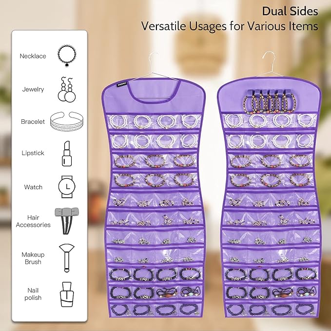 Hanging Jewelry Organizer Dual Sided 84 Clear Pockets and 6 Hook Loops Storage for Holding Jewelries Hair Accessories Dress Shaped Earring Holder (84 Pockets and 6 Hook Loops -Purple)