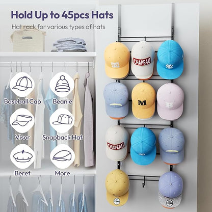 SWTYMIKI Over Door Hat Organizer - 4 Tier Metal Adjustable Wall Mounted Hat Rack with 12 Hooks Design, Hanging Baseball Cap Organizer Storage Holds up to 36 Caps for Door, Bedroom, Closet