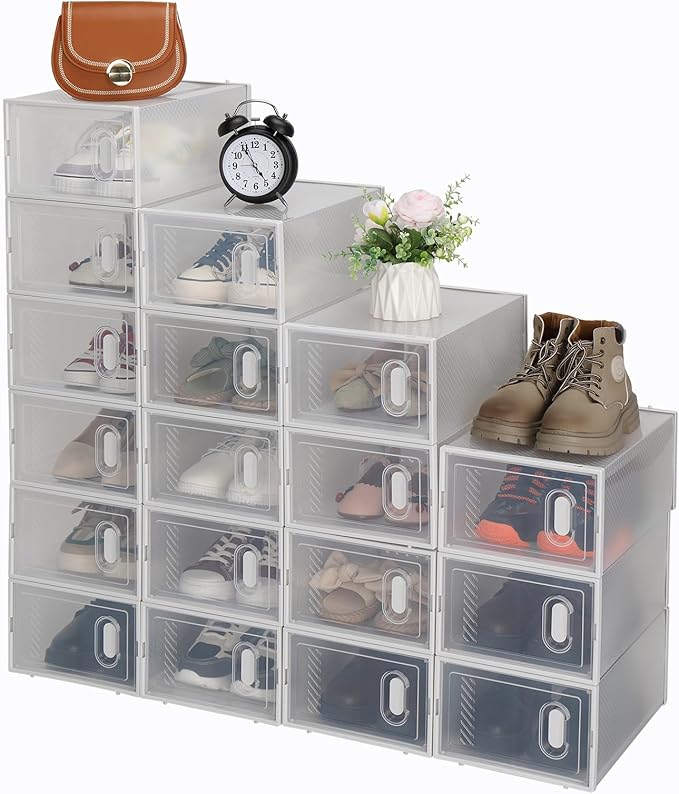 18 Pack Large Shoe Storage Boxes Organizers Clear Plastic Stackable, Modular Space Saving Shoe Boxes Sneaker Storage for Sneakerheads,Toy Storage Organizer Bins for Entryway, Closet, Under Bed, White