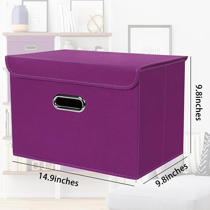 STOREONE Fabric Storage Cube Bins Foldable Organizer Container Collapsible Basket with Lids and Metal Handles, for Home, Bedroom, Closet 3 Pcs (Purple)