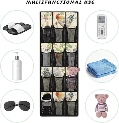 Rooster Over The Door/Wall Shoe Organizer,Nursery Organization,12 Compartment Breathable Mesh Pocket Over the Door Hanging Shoe Bag,Closet Shoe Hanging Bag,Breathable Organizer