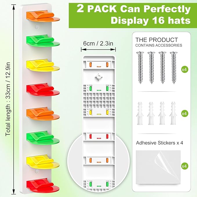Haiou 2 Pack Hat Organizer for Baseball Caps Strong Adhesive Hat Rack for Wall Multilayer Hat Storage Display Holder Wall Mounted Hat Hooks Hold up to 16 Hats for Closet Door and Bedroom, Multicolor