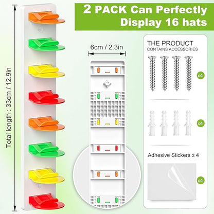 Haiou 2 Pack Hat Organizer for Baseball Caps Strong Adhesive Hat Rack for Wall Multilayer Hat Storage Display Holder Wall Mounted Hat Hooks Hold up to 16 Hats for Closet Door and Bedroom, Multicolor