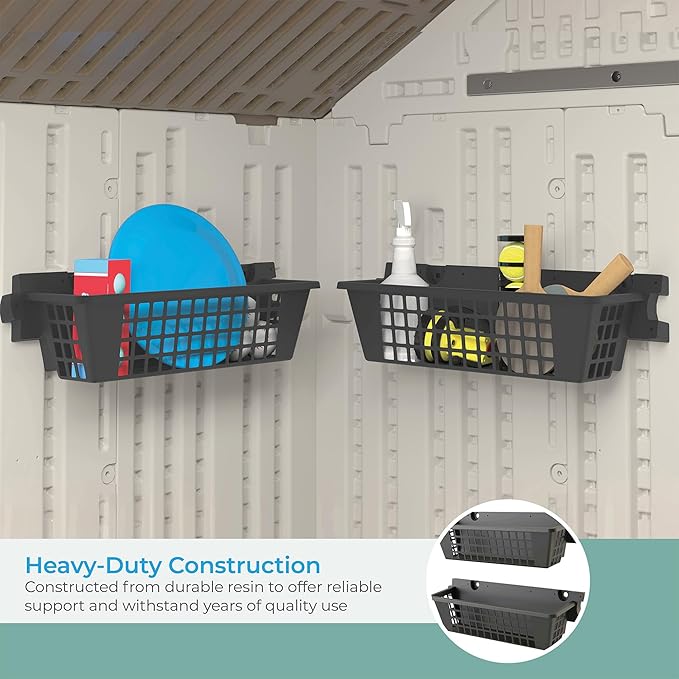 Suncast 2-Pack Accessory Baskets, Resin Organizers for Shed, Black, 25" x 7.25" x 7" - Outdoor Storage Organization, 30 lb Weight Capacity Per Shelf Basket, EZ Bolt Wall-Mount Assembly