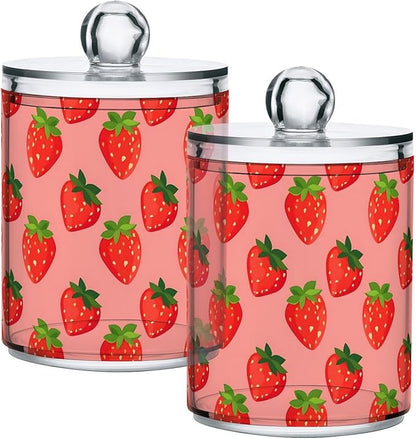 ALAZA 4pcs Cute Fruit Strawberry Qtip Holder Dispenser 14 oz Bathroom Storage Clear Apothecary Jars Containers Cotton Ball,Cotton Rounds,Floss Picks, Hair Clips, Food