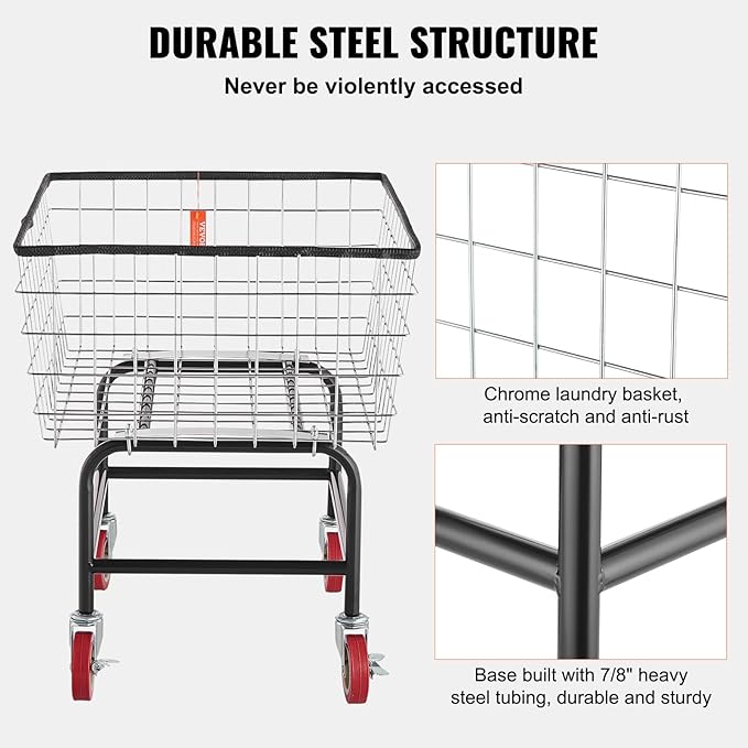 VEVOR Wire Laundry Cart, 2.8Bushel Wire Laundry Basket with Wheels, 26.7''x21.7''x26.4'' Commercial Basket Cart, Steel Frame with Chrome Finish, 4" Casters