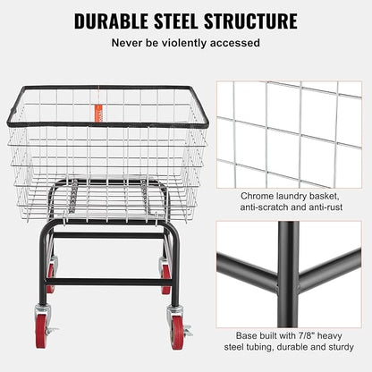 VEVOR Wire Laundry Cart, 2.8Bushel Wire Laundry Basket with Wheels, 26.7''x21.7''x26.4'' Commercial Basket Cart, Steel Frame with Chrome Finish, 4" Casters