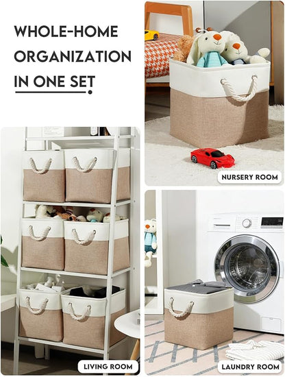 Temary 6-Pack Cube Storage Bins, 11 Inch Foldable Fabric Storage Cubes with Cotton Rope Handles, Sturdy Linen Organizer Baskets with Metal Frame for Shelves, Closet, Nursery (White&Khaki)