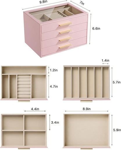 pickpiff Jewelry Box Organizer Case for Women: 4-Layer Jewelry Storage Case with Glass Window, Pink Leather with Velvet Holder for Ring Necklace Bracelet Brooch Watch, Great Gift for Her