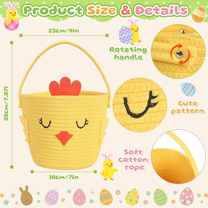 Small Woven Storage Basket with Handle, Cute Cartoon Chick Baskets for Gift Empty, Cotton Rope Storage Basket for Toy Organizer