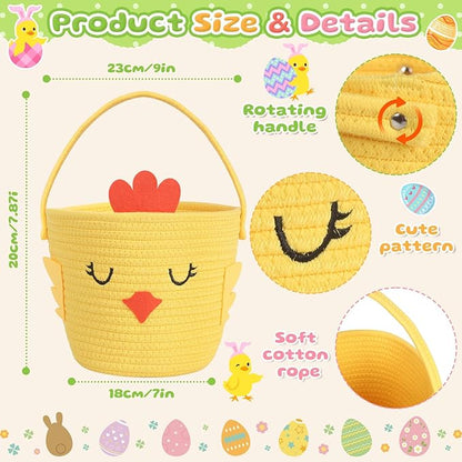 Small Woven Storage Basket with Handle, Cute Cartoon Chick Baskets for Gift Empty, Cotton Rope Storage Basket for Toy Organizer