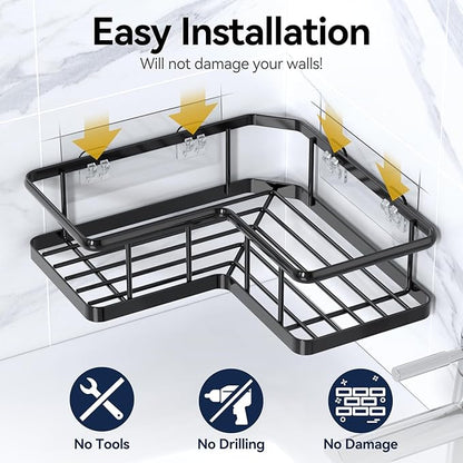 YASONIC Corner Shower Caddy 2 Pack, No Drill Adhesive Shower Storage Shelves, Rustproof Stainless Steel Wall Mounted Bathroom Organizer Shelf with 2 Removable Hooks for Dorm & Renters, Black