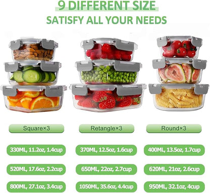 HOMBERKING Glass Food Storage Containers with Lids, [18 Piece] Glass Meal Prep Containers, Airtight Lunch Bento Boxes, BPA-Free & Leak Proof (9 lids & 9 Containers) - Grey