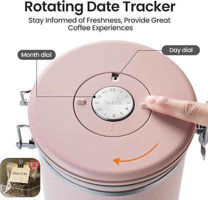 Veken Coffee Canister, 39OZ Large, Airtight Stainless Steel Food Storage Container for 2.2lbs Coffee Beans, Ground, Sugar, Tea, Cookie,Flour, Kitchen Bar Accessories with Date Tracker & Scoop, Pink