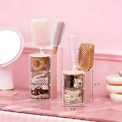 Luscinia Hair Accessories Organizer with Hair Brush Holder, Rotatable Makeup Brush and Jewelry Storage Box for Hair Clips, Earrings, Necklaces, Bracelets, Rings, and Daily Accessories (Pink, 2-Layer)