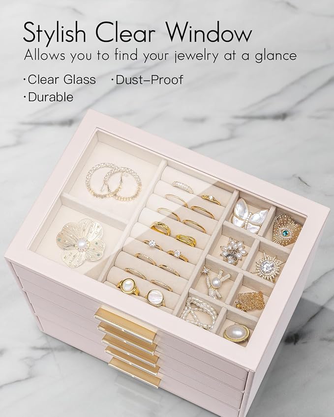 VLANDO 5 Layer Jewelry Box for Women, Glass Lid Jewelry Organizer with 5 Drawers for Necklaces Rings Earrings Bracelets - Light Pink