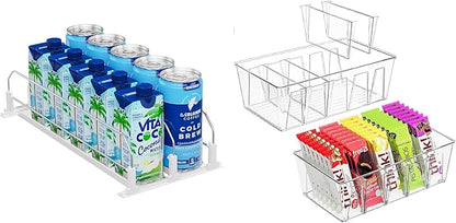 Puricon Drink Organizer for Fridge Pusher Glide Bundle with 2 Pack Pantry Organization and Storage Bins for Kitchen