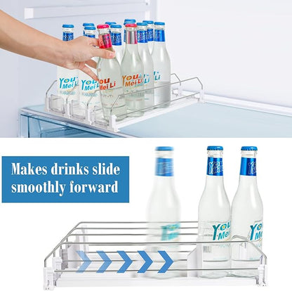 hanmir Drink Organizer for Fridge, Adjustable Width Soda Can Dispenser for Refrigerator Organizers and Storage, 3 Rows Beer Bottle Beverage Holder with Pusher Glide (14.96" D, White)
