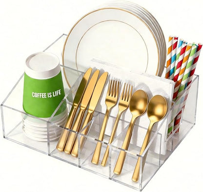 Acrylic Paper Plate Holder Organizer, Clear Utensil Caddy & Dispenser with Non-Slip Pads&7 Divided Grids for Kitchen, Party, Outdoor - Space-Saving Storage