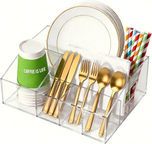 Acrylic Paper Plate Holder Organizer, Clear Utensil Caddy & Dispenser with Non-Slip Pads&7 Divided Grids for Kitchen, Party, Outdoor - Space-Saving Storage