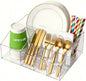 Acrylic Paper Plate Holder Organizer, Clear Utensil Caddy & Dispenser with Non-Slip Pads&7 Divided Grids for Kitchen, Party, Outdoor - Space-Saving Storage