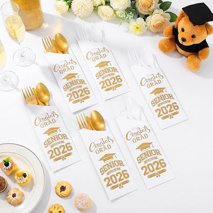 Funnymoom 400 Pcs 2026 Graduation Wrapped Silverware Bags Holder - Disposable Dinnerware Set Includes Plastic Spoons Knives and Forks, Class of 2026 Parties School Congrats Supplies(White and Gold)