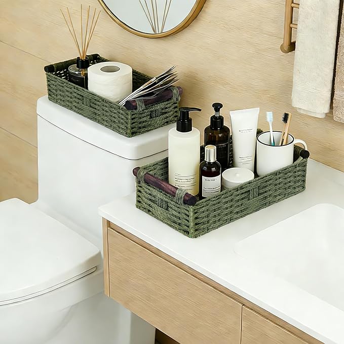 Green Toilet Basket Tank Topper for Bathroom Organizers & Storage, Paper Rope Imitation Wicker Toilet Paper Holder Basket with Handles for Desk, Countertop, Boho Coastal Bathroom Decor 2 PCS
