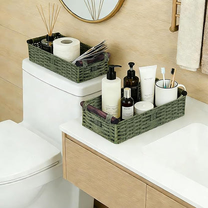 Green Toilet Basket Tank Topper for Bathroom Organizers & Storage, Paper Rope Imitation Wicker Toilet Paper Holder Basket with Handles for Desk, Countertop, Boho Coastal Bathroom Decor 2 PCS