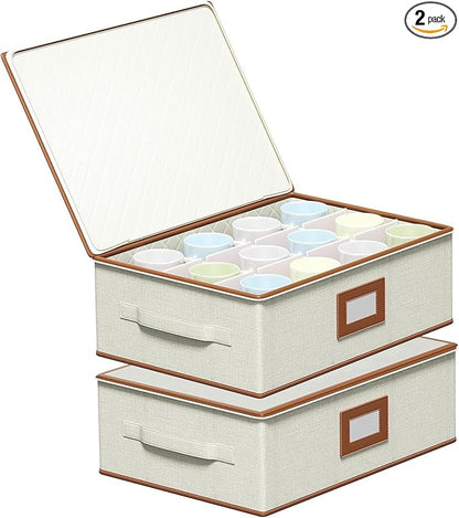 Aokeyee 2-Pack Cup & Mug Storage Box with Dividers, Hard Shell Organizer with Lid, Handles, Zippers & Label Slot, Holds 24 Mugs, Teacups & Glasses, Stackable Containerfor Moving & Protection, Ivory