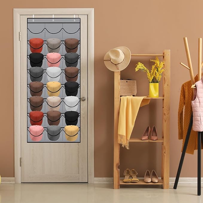 BiCINE Hat Rack for Baseball Caps, 24 Pocket Over The Door Hat Organizer Storage, Hat Holder for Door with 3 Hooks, Grey - 1 Pack