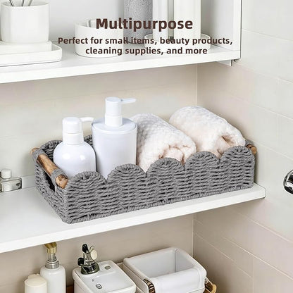 CubesLand Bathroom Basket Organizer w/Cut Out Handle, Back of Toilet Paper Storage Baskets for Bathroom Countertop Decorative, Small Scalloped Wicker Basket Also for Home Decor, Living Room, Grey
