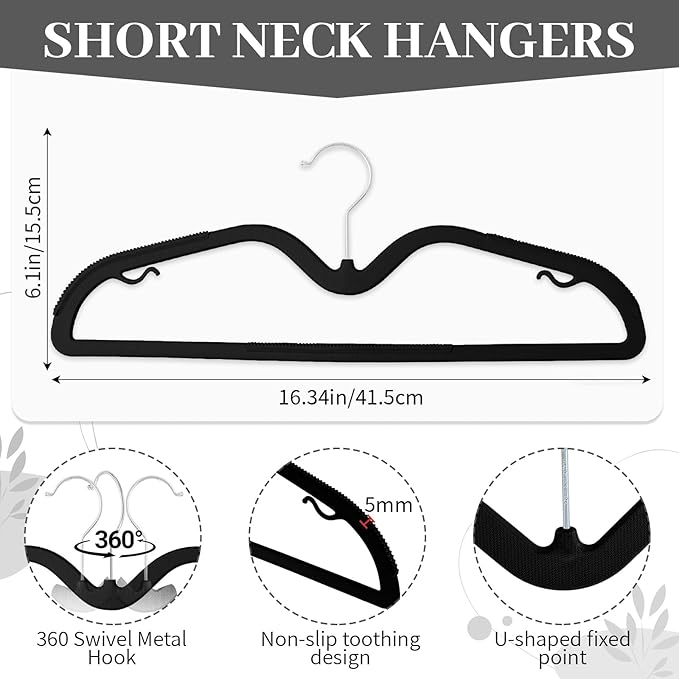 LemonRoad 50 Pack Short Neck Hangers, Upgraded Non-Slip Plastic Hangers Lifts Clothes 3" Higher, Space Saving 360 Swivel Hook for Closet Organizer, Shirts Jackets Dresses, Smooth (Black)