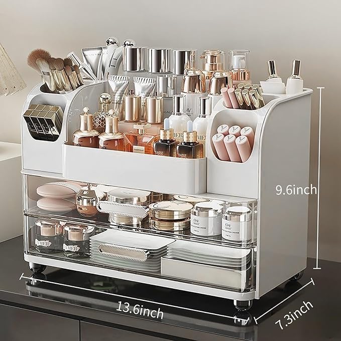 Makeup Organizer with Drawers for Vanity,Bathroom Countertop Organizer with Brushes Holder,Skincare Storage Organizer,Perfect Cosmetic Display Case for Skincare,Lipstick and Beauty Essential (White)