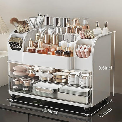 Makeup Organizer with Drawers for Vanity,Bathroom Countertop Organizer with Brushes Holder,Skincare Storage Organizer,Perfect Cosmetic Display Case for Skincare,Lipstick and Beauty Essential (White)