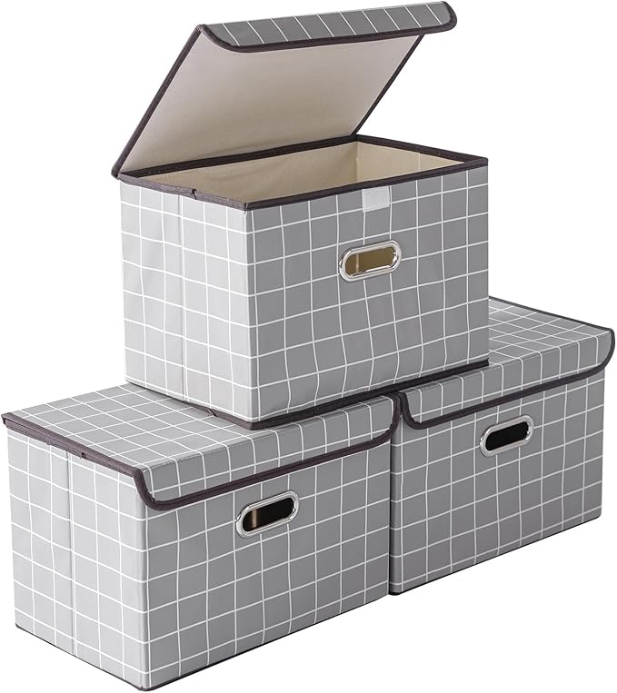 STOREONE Fabric Storage Cube Bins Foldable Organizer Container Collapsible Basket with Lids and Metal Handles, for Home, Bedroom, Closet 3 Pcs (Grey grid)