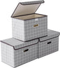 STOREONE Fabric Storage Cube Bins Foldable Organizer Container Collapsible Basket with Lids and Metal Handles, for Home, Bedroom, Closet 3 Pcs (Grey grid)