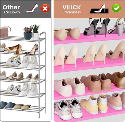 VILICK Shoe Rack for Closet Shoe Organizer Space Saver Storage for 20-25 Pair Shoe Shelf with Hook and Side Pocket Free Standing 5 Tier Shoe Rack Organizer for Entryway,Small Spaces, Pink