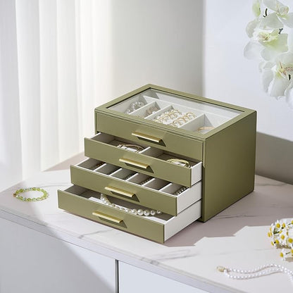 Jewelry Box Organizer Case for Women: 4-Layer Jewelry Storage Case with Glass Window, Olive Green Leather with Cream Velvet, Holder for Ring Necklace Bracelet Brooch Watch, Great Gift for Her