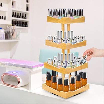 ZAVOOS Nail Polish Organizer, 4 Tier Bamboo Stand Essential Oil Display Rack for 120-212 Bottles, 360 Rotating Large Capacity Cosmetics Storage Shelf Holder for Home Spa, Business Salon