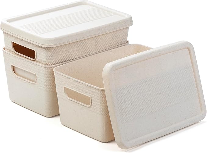 BINO | Plastic Storage Bins with Lids, 5 Liter - 3 Pack, Natural | THE BRAIDED COLLECTION | Plastic Bins for Organization Woven Storage Baskets for Organizing Pantry Shelf Organizer Basket Bin