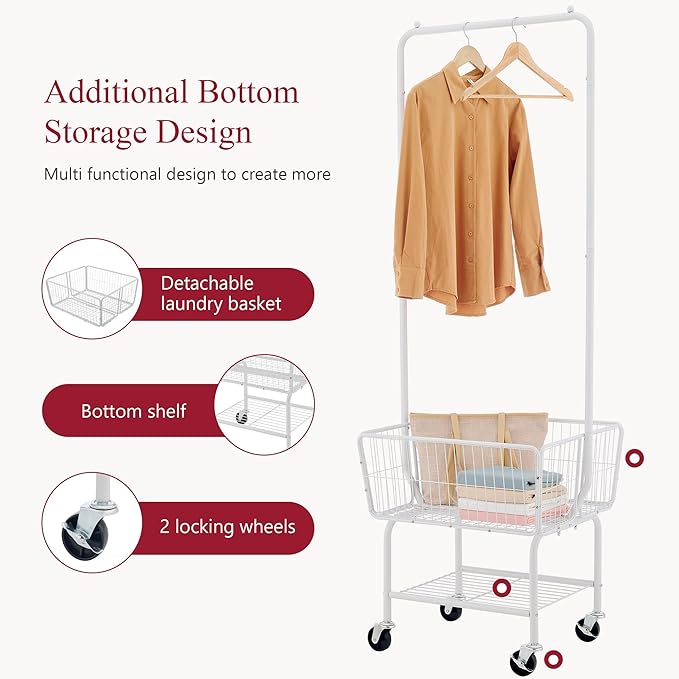 Tajsoon Laundry Cart with Hanging Rack, Metal Laundry Basket with Wheels, Laundry Hamper with Storage Basket and Shelf, Rolling Laundry Cart with Wheels, White
