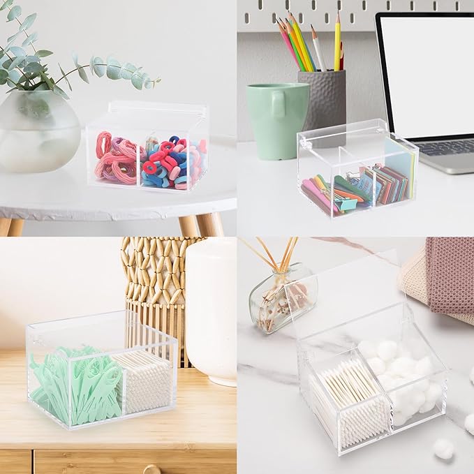 Tbestmax 2-Grid Qtip Holder, 4mm Thickness Cotton Ball Swab Organizer Acrylic Rectangle Bathroom Canister Makeup Pad Cosmetic Storage - Clear