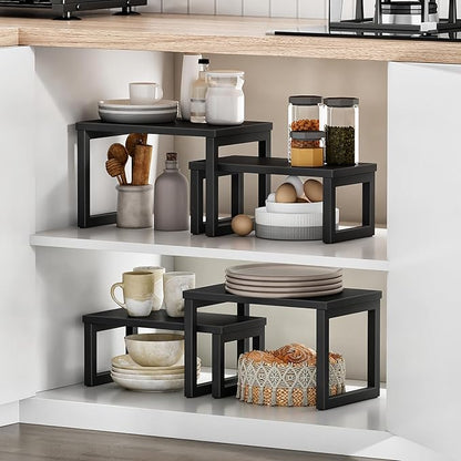 HOOBRO Cabinet Organizer Shelf, Set of 2 Kitchen Counter Shelves, Expandable Kitchen Storage, Stackable Bamboo Spice Rack, for Kitchen, Countertop, Office Desk, Living Room, Black BK20TL01